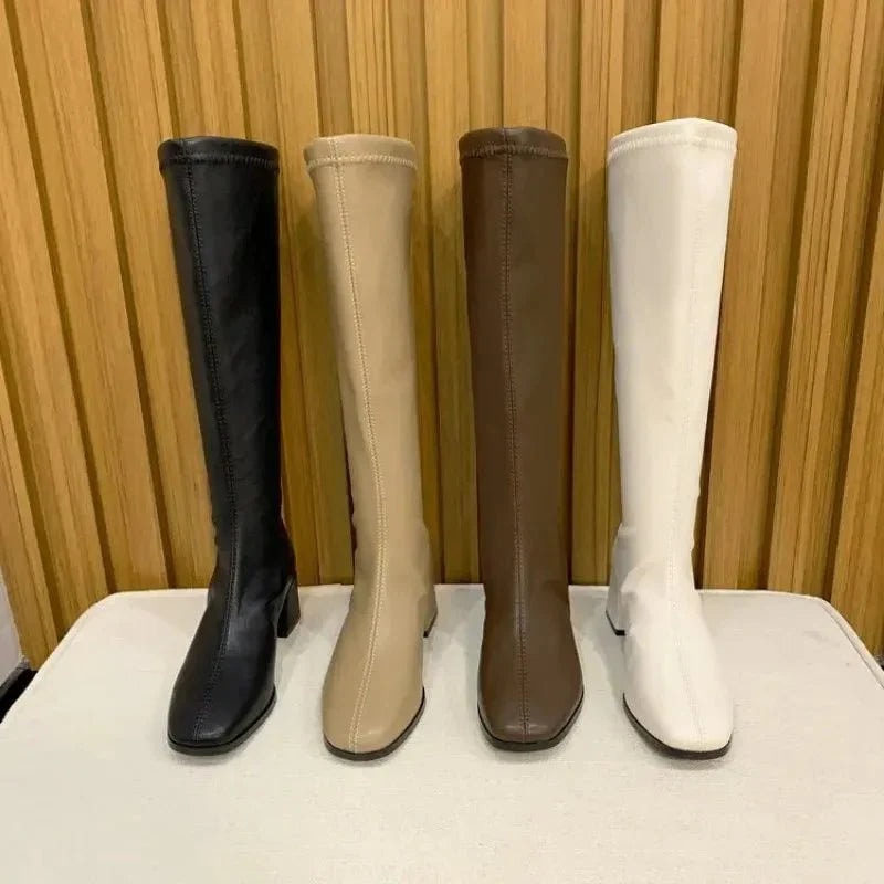 Elena Whitmore | Women's Knee-High Block Heel Work Boots in Synthetic Leather