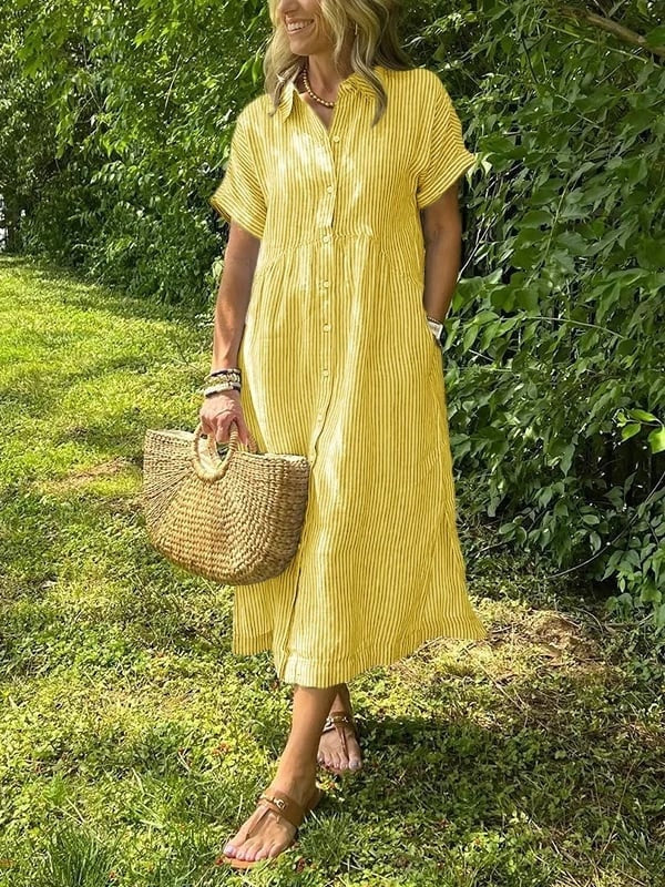 Women's Striped Cotton Shirt Collar Midi Dress with Short Sleeves