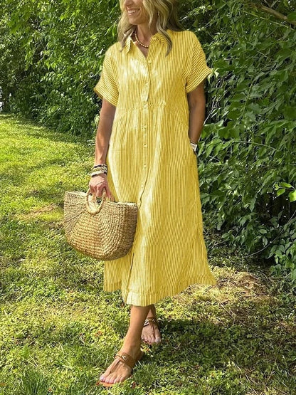 Women's Striped Cotton Shirt Collar Midi Dress with Short Sleeves