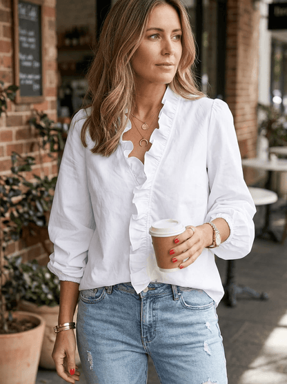 Women's Long Sleeve Blouse with Ruffle V-Neck and Gathered Cuffs