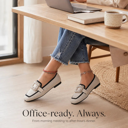 Crystal Buckle Square-Toe Knit Loafer Flats for Women