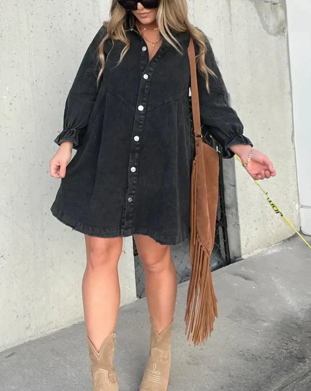 Daniela Denim Button-Down Ruffle-Sleeve Mini Shirt Dress for Women