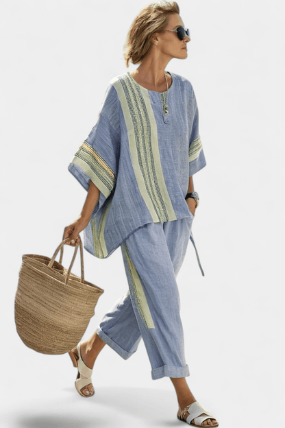Matching Two-Piece Set with Oversized Striped Linen Top and Wide-Leg Pants