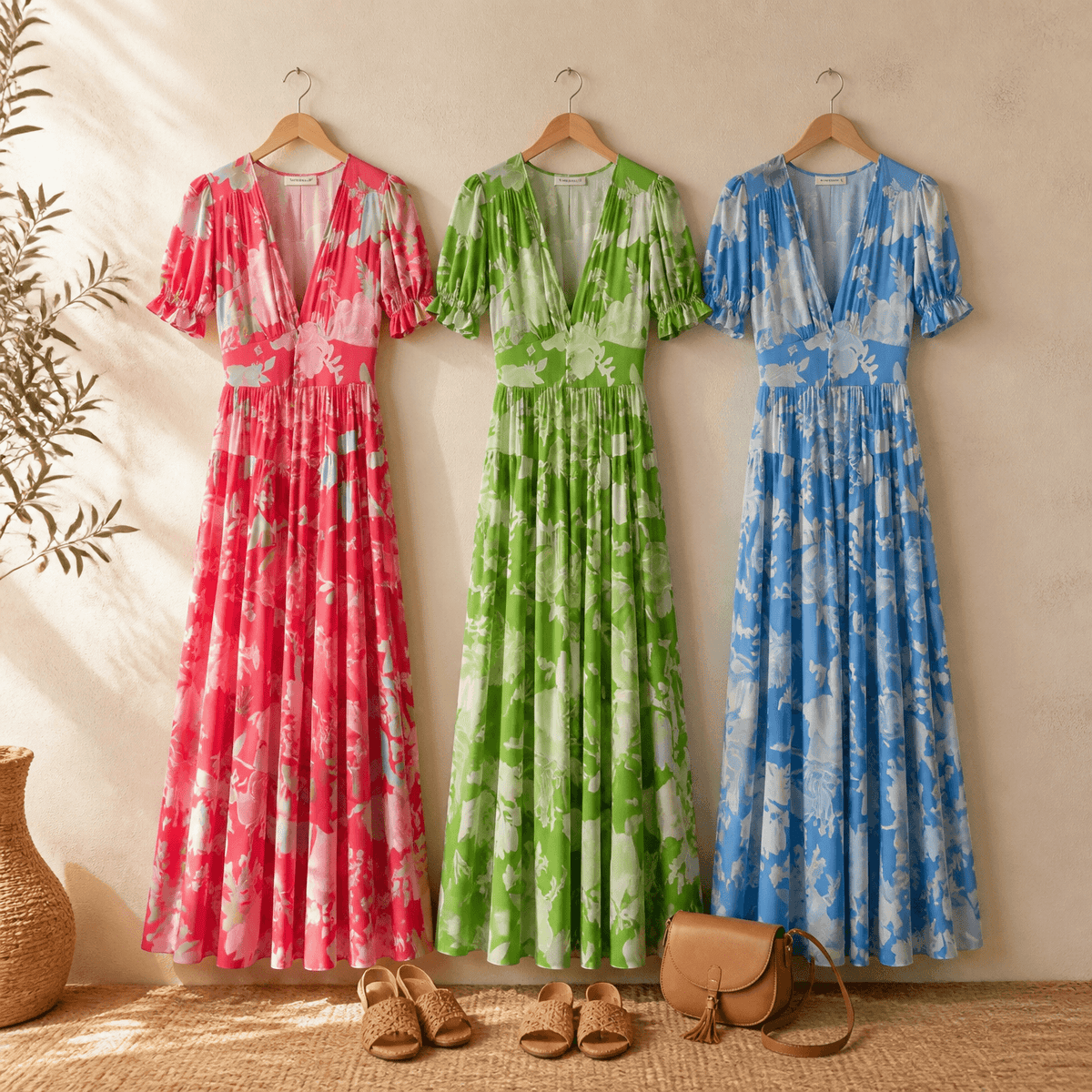 Minelda Floral Tiered V-Neck Women's Summer Maxi Dress with Flutter Sleeves and Belted Waist