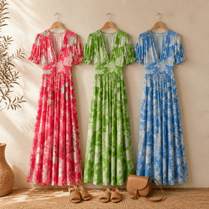 Minelda Floral Tiered V-Neck Women's Summer Maxi Dress with Flutter Sleeves and Belted Waist