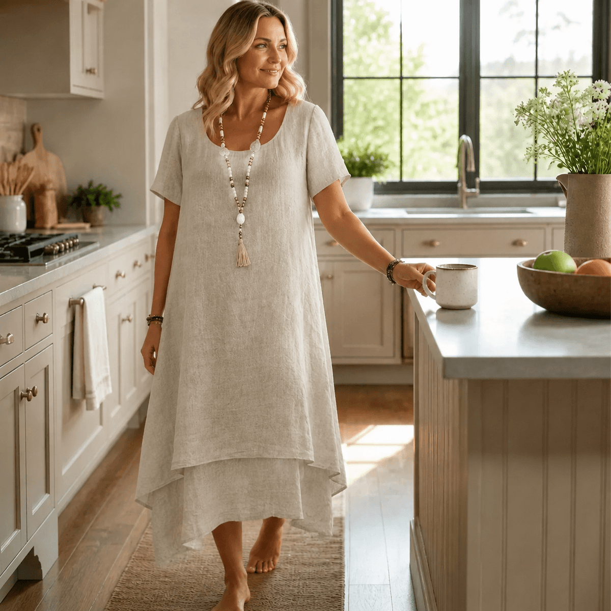 Layered Double-Hem A-Line Cotton Linen Summer Midi Dress for Women with Short Sleeves