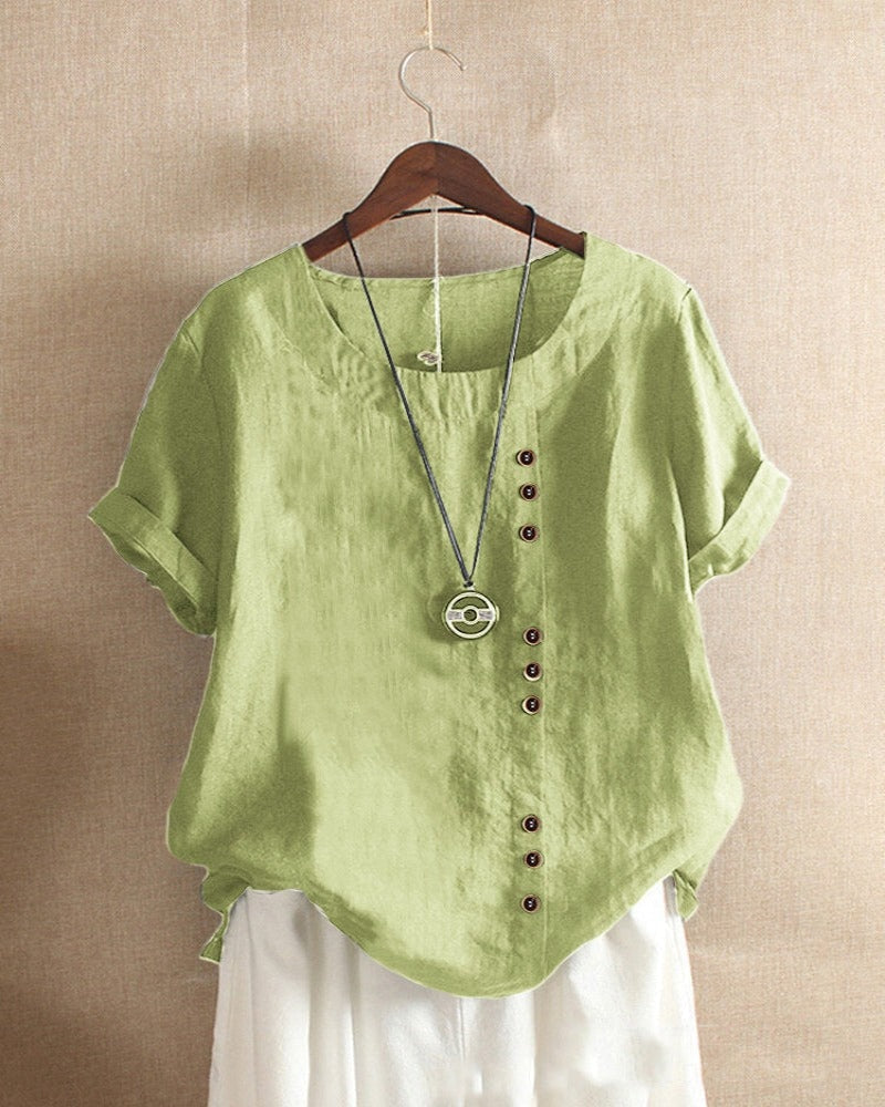 Halvorn Relaxed Linen Summer Top with Short Sleeves and Side Button Detail