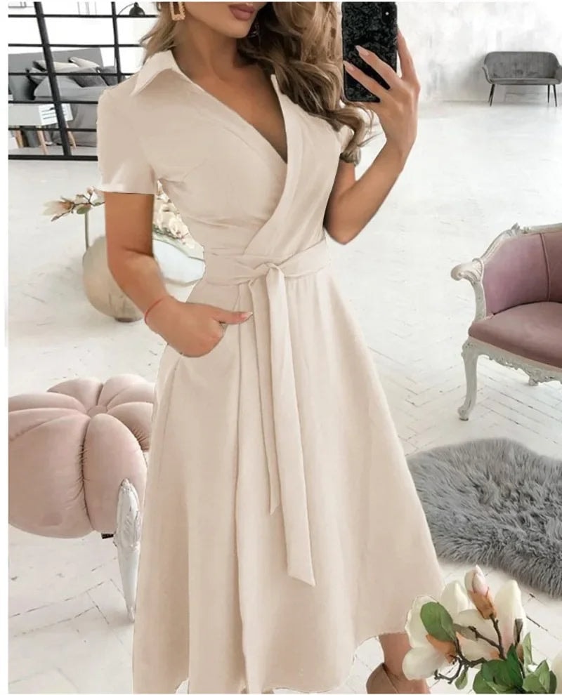 Judy Tie Waist Wrap Style A-Line Midi Dress for Women