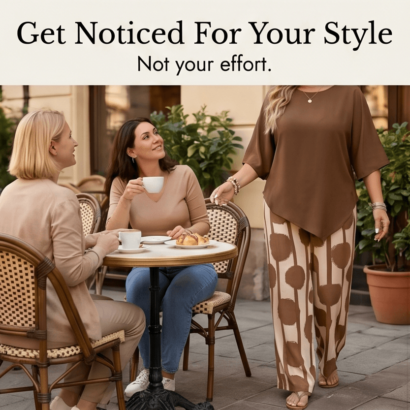 Women's Matching Two-Piece Set with Asymmetric Hem Top and Printed Wide-Leg Pants