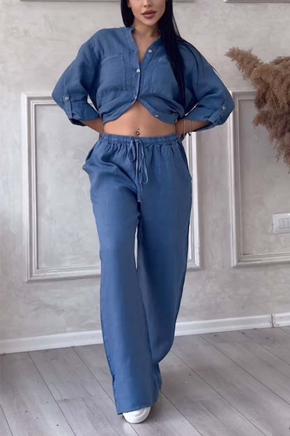 Fara Matching Cotton Linen Shirt and Wide-Leg Pants Two-Piece Co-Ord Set