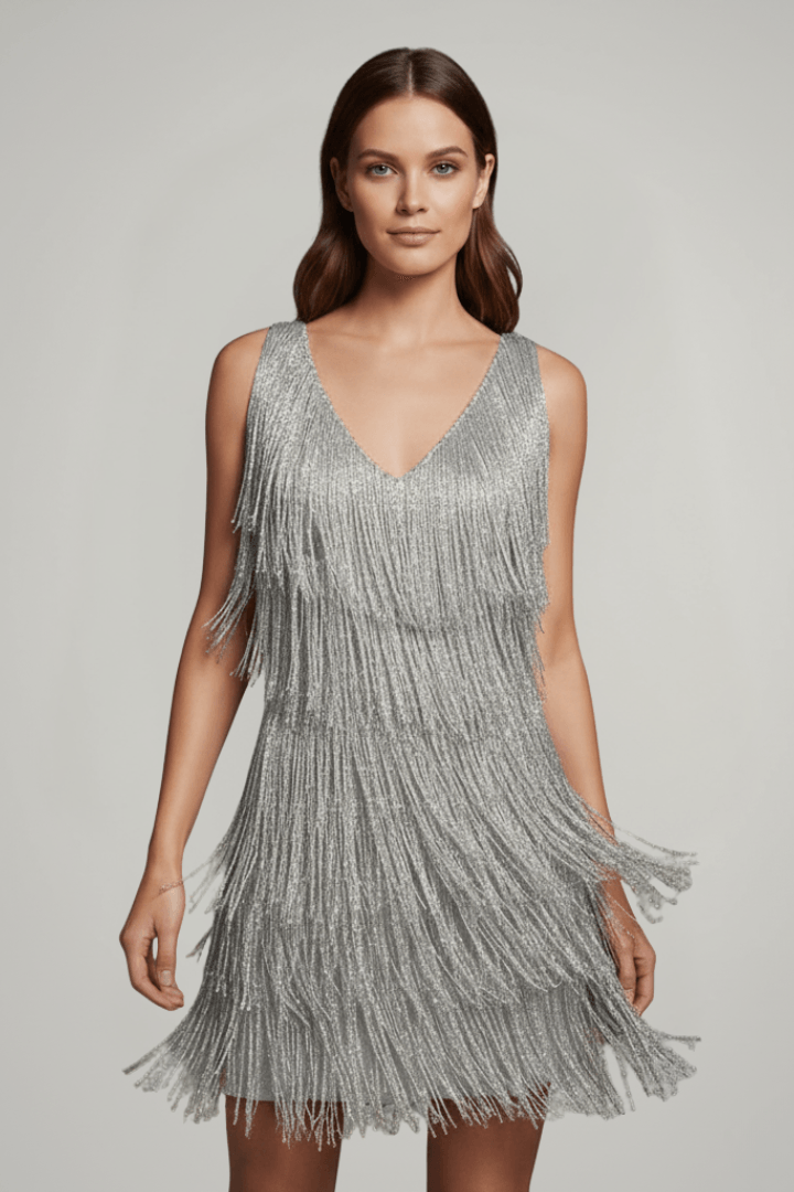 Fringe Detail V Neck Mini Dress with Tiered Shimmer Overlay