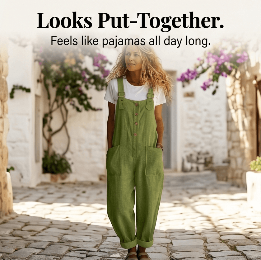 Women's Button-Front Wide-Leg Linen Overalls with Pockets