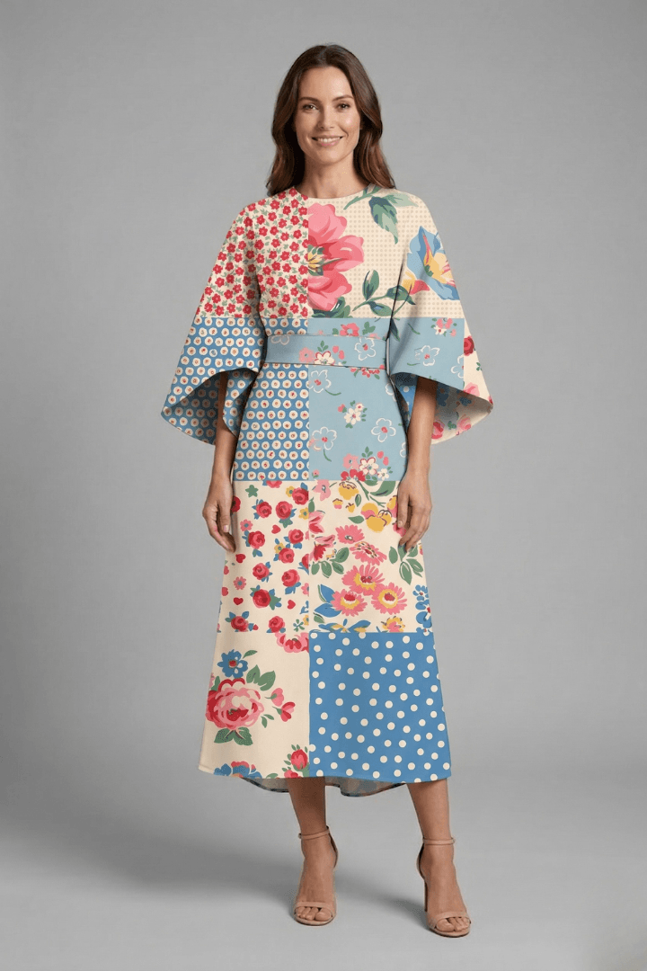 Floral Print Round Neck Women's Midi Dress with Wide Bell Sleeves