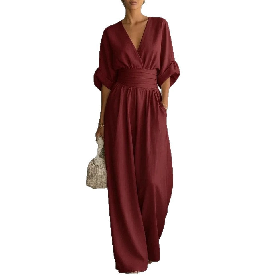 Sophia Merriweather Wide-Leg Linen Jumpsuit with Wrap Waist Tie