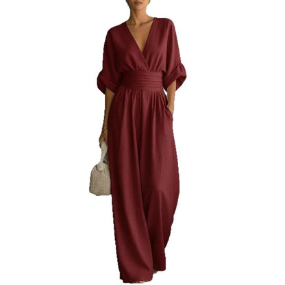 Sophia Merriweather Wide-Leg Linen Jumpsuit with Wrap Waist Tie