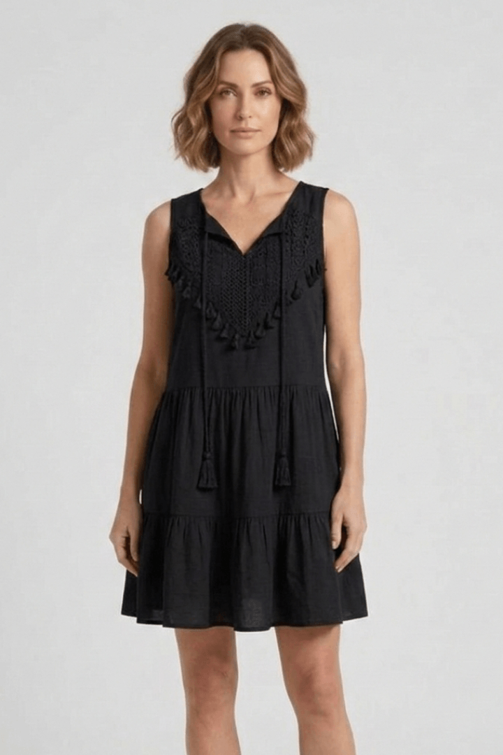 Women's Sleeveless Mini Summer Dress with Tassel Tie V-Neck and Tiered Skirt