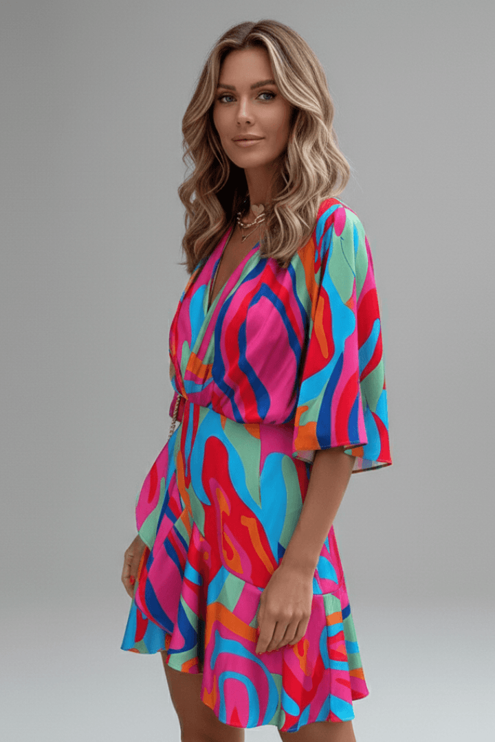 Batwing Sleeve Wrap Mini Dress with Adjustable Waist Tie