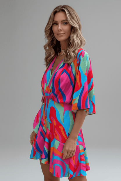 Batwing Sleeve Wrap Mini Dress with Adjustable Waist Tie