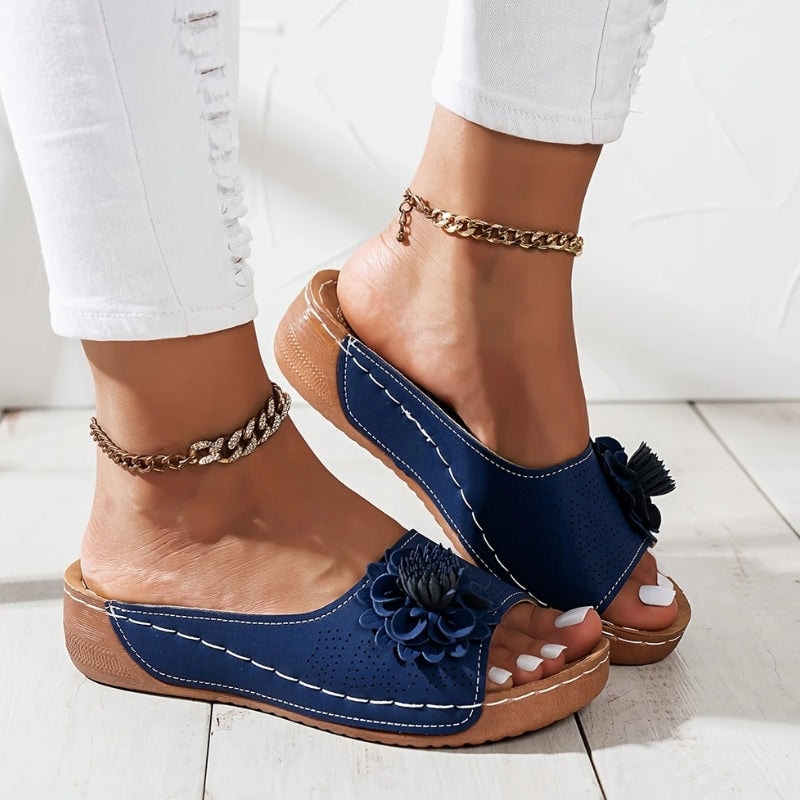 Flora Comfortable Slide Wedge Sandals with Perforated Upper and Flower Detail