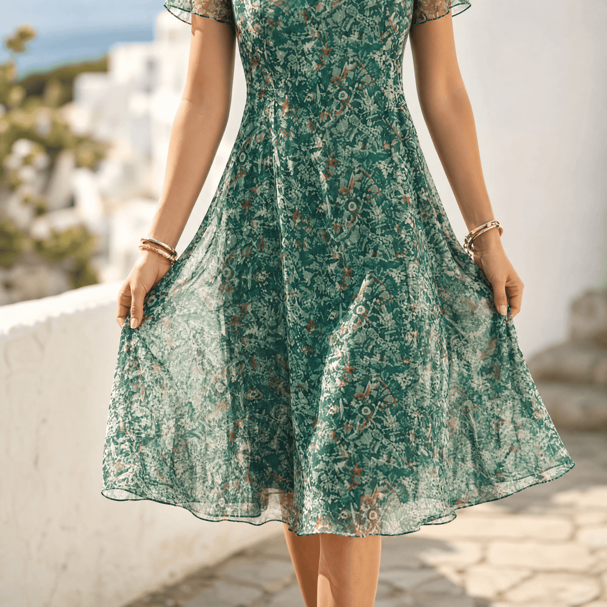 Kynara Flutter-Sleeve Floral Fit-and-Flare Women's Summer Midi Dress with Sheer Overlay