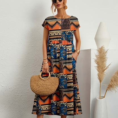 Women's Floral Print A-Line Midi Dress with Short Sleeves