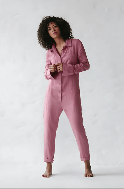 Button-Front Linen Jumpsuit with Pockets for Women