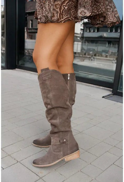 Suede Knee High Slouch Boots with Low Heel and Zipper Closure