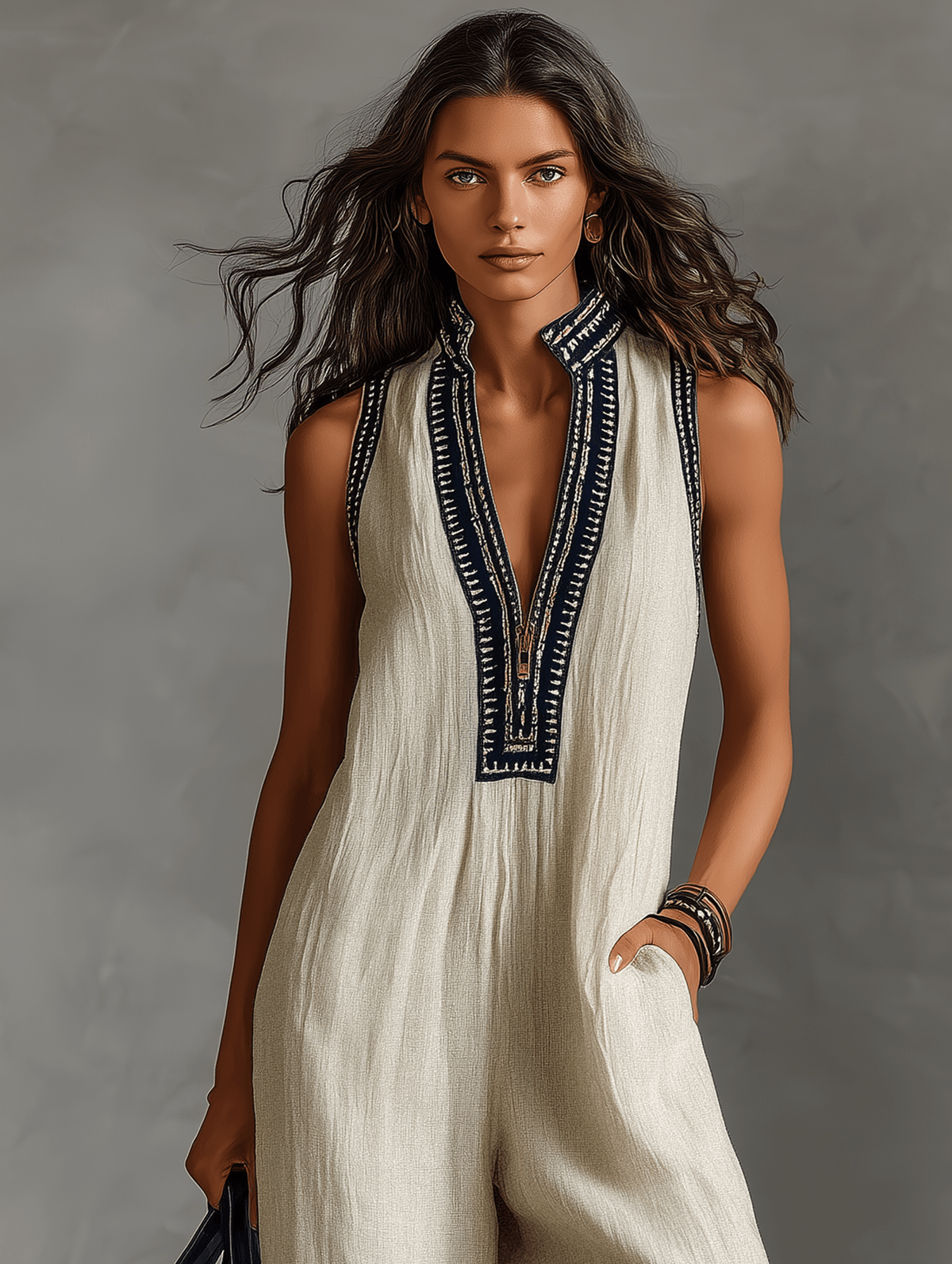 Women's Embroidered Stand Collar Sleeveless Linen Jumpsuit
