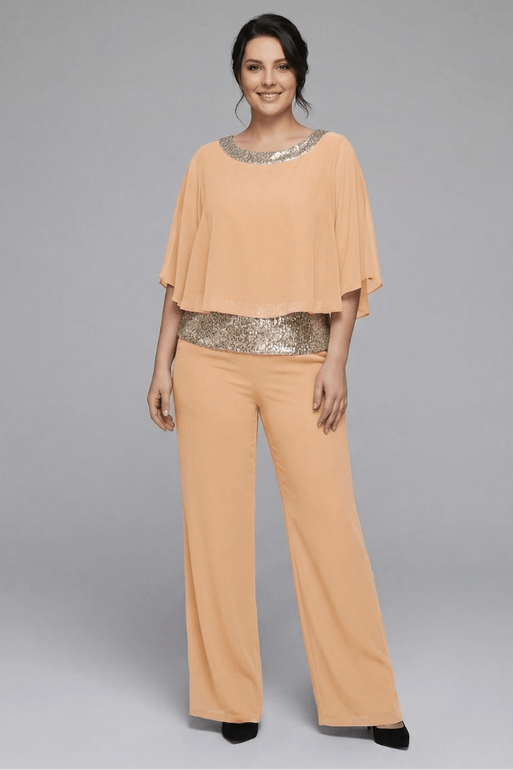 Women's Matching Two-Piece Set with Sequin Chiffon Cape Top and Wide-Leg Pants