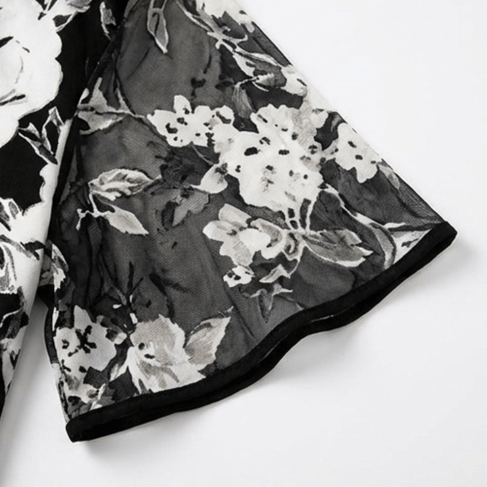 Solenya Black Floral Chiffon A-Line Women's Midi Dress with Sheer Overlay