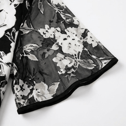 Solenya Black Floral Chiffon A-Line Women's Midi Dress with Sheer Overlay