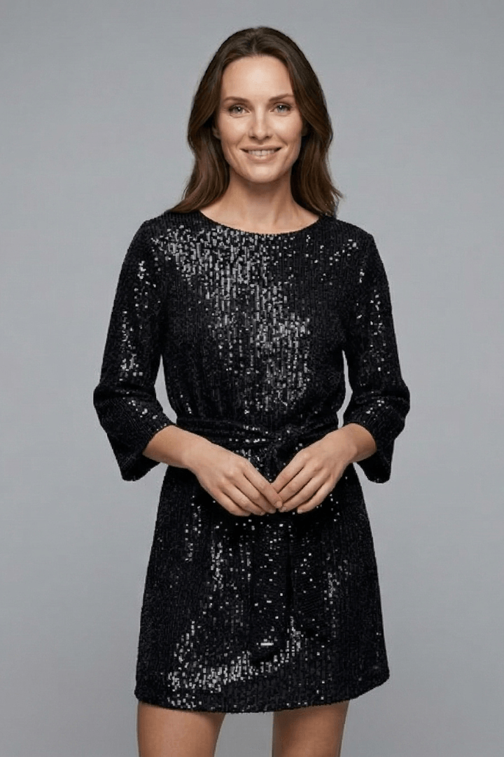 Sequin Tie-Waist Long Sleeve Mini Dress with Round Neckline