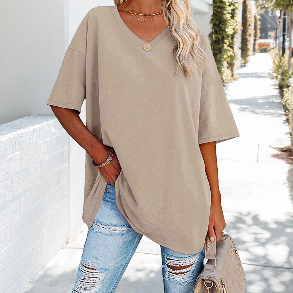 Oversized Cotton V-Neck Short Sleeve Top for Women