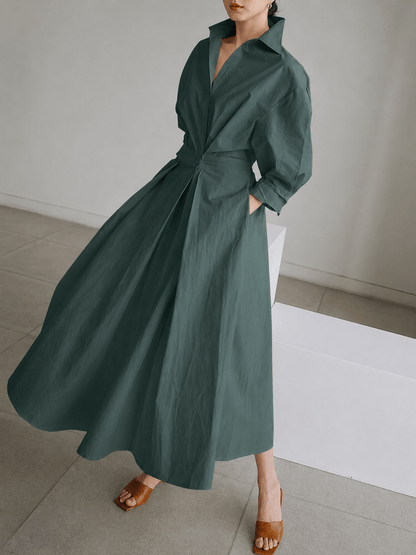 Sofia Collared A-Line Midi Dress with Pockets and 3/4 Sleeves