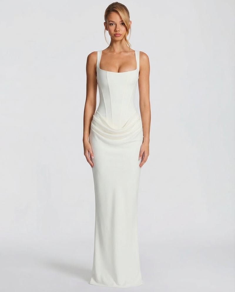 Sienna Laurent Satin Corset Maxi Dress with Draped Detail