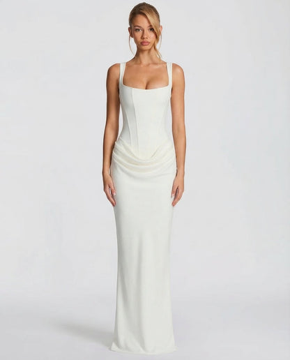 Sienna Laurent Satin Corset Maxi Dress with Draped Detail