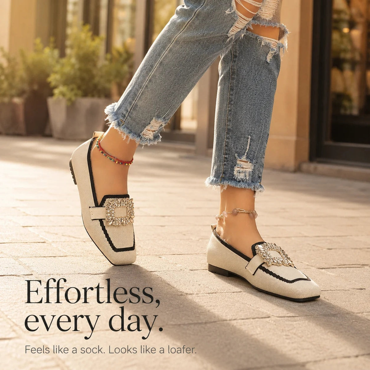 Crystal Buckle Square-Toe Knit Loafer Flats for Women