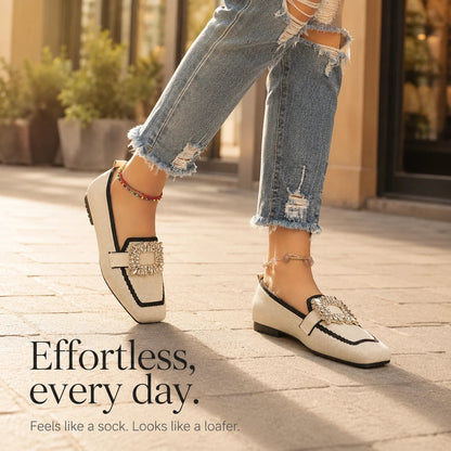 Crystal Buckle Square-Toe Knit Loafer Flats for Women