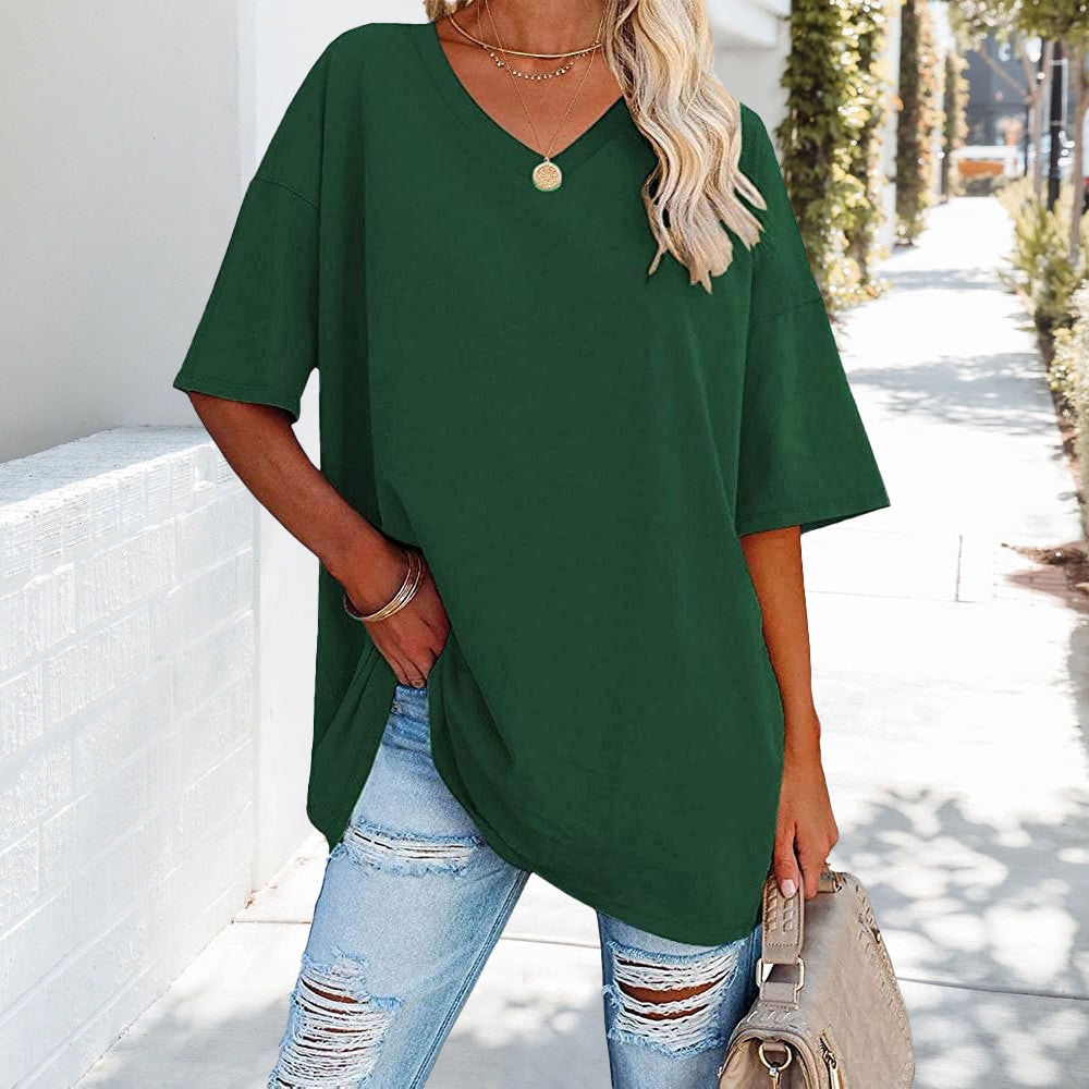 Oversized Cotton V-Neck Short Sleeve Top for Women