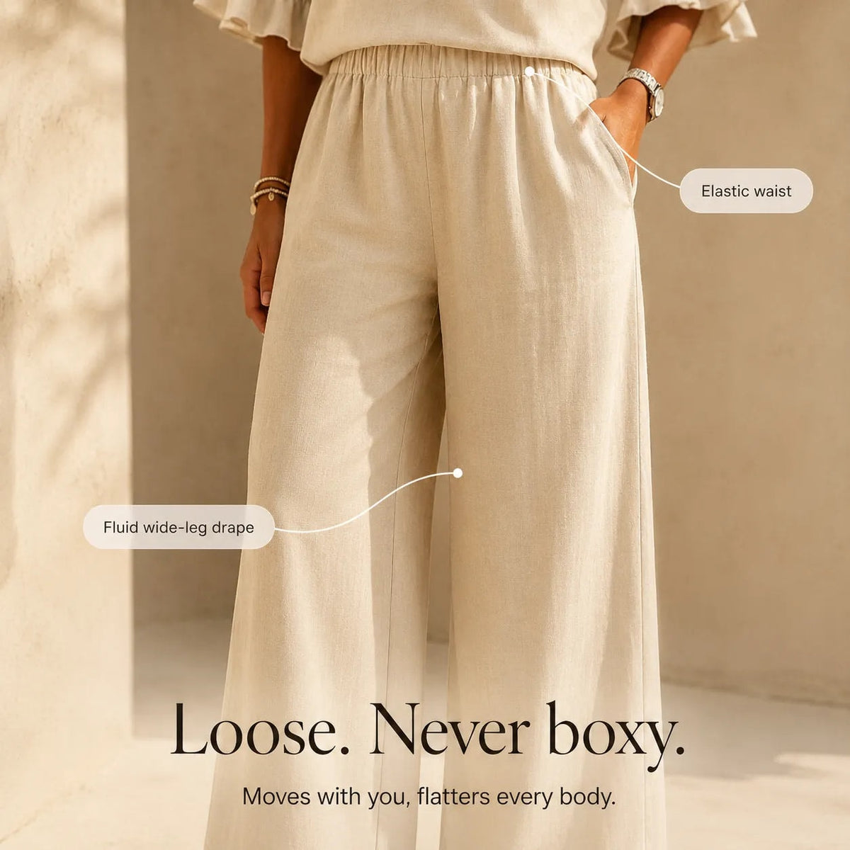 Ruffle-Sleeve Two-Piece Set with Wide-Leg Tailored Trouser Pants