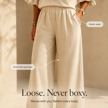 Ruffle-Sleeve Two-Piece Set with Wide-Leg Tailored Trouser Pants