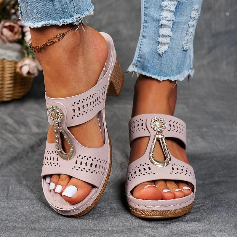 Eliza Winters Rhinestone Flower Cushioned Wedge Sandals