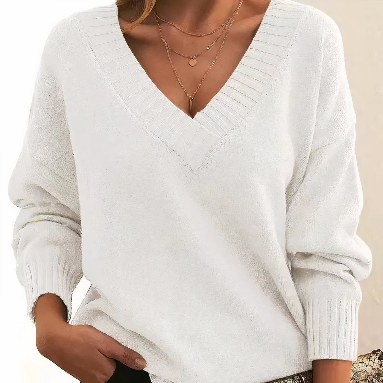Mercy V-Neck Relaxed Fit Knit Sweater with Ribbed Cuffs