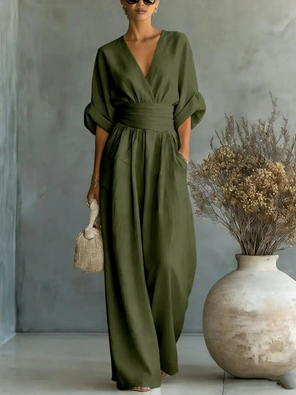 Sophia Merriweather Wide-Leg Linen Jumpsuit with Wrap Waist Tie