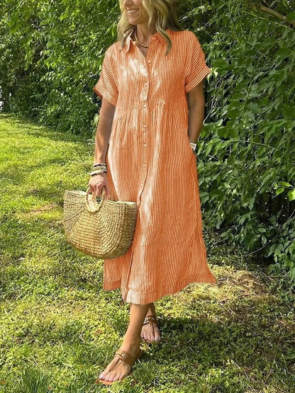 Women's Striped Cotton Shirt Collar Midi Dress with Short Sleeves