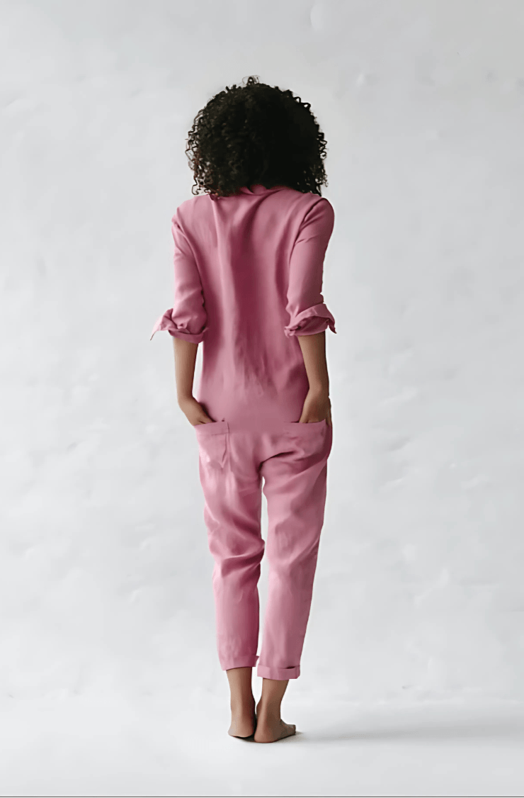 Button-Front Linen Jumpsuit with Pockets for Women