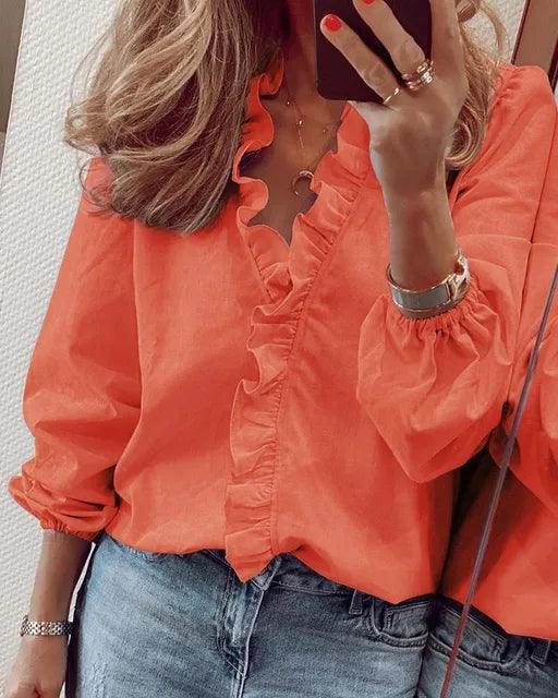 Women's Long Sleeve Blouse with Ruffle V-Neck and Gathered Cuffs