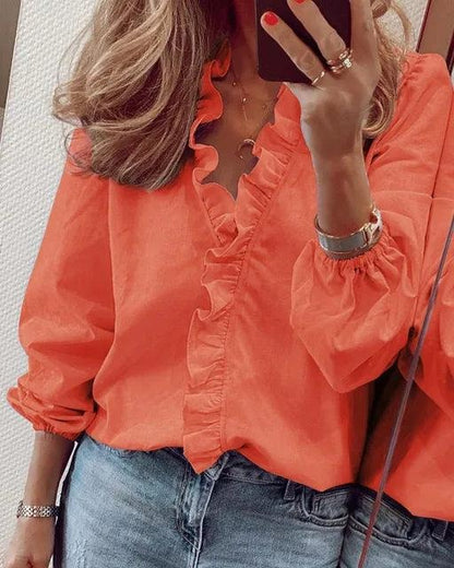Women's Long Sleeve Blouse with Ruffle V-Neck and Gathered Cuffs
