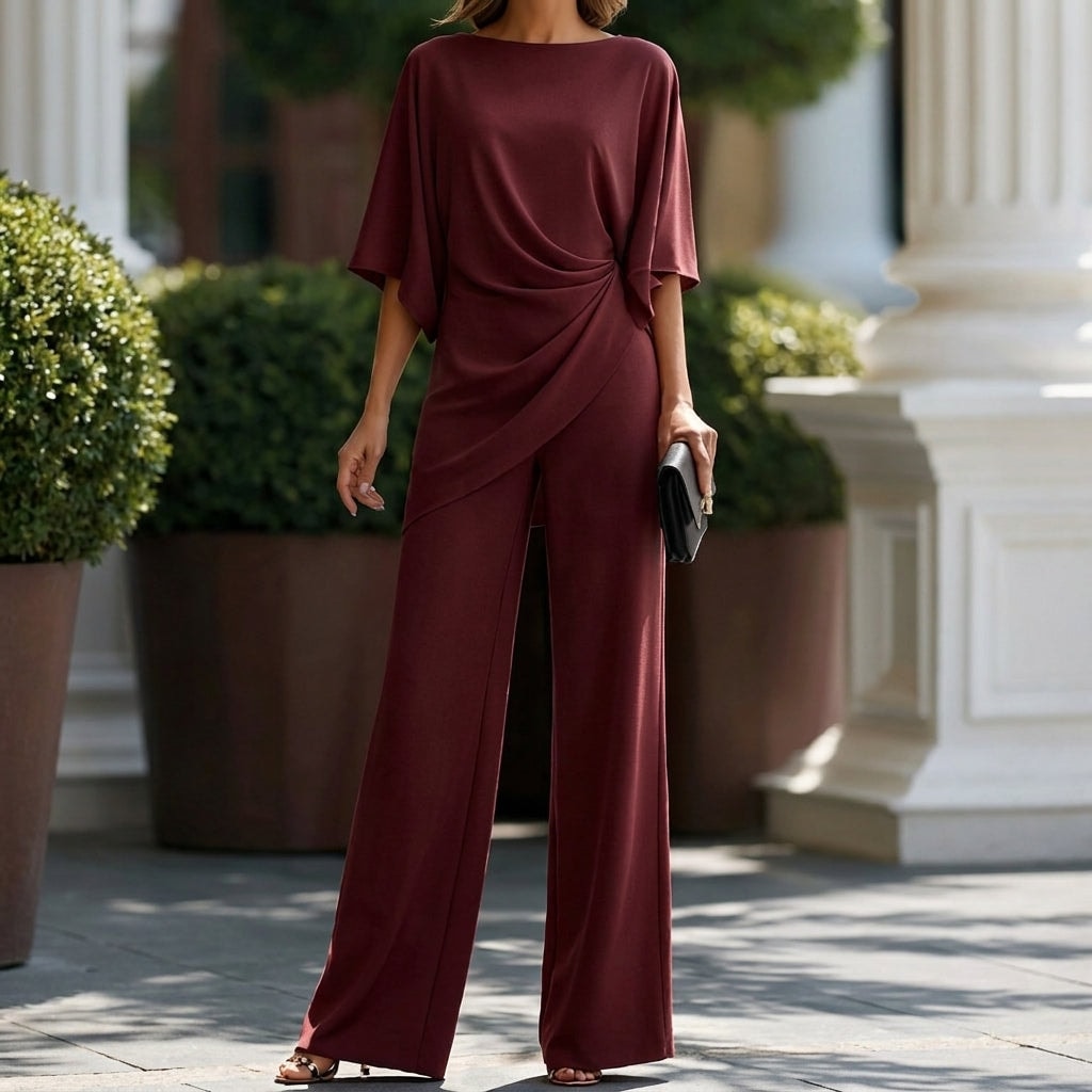 Women's Matching Two-Piece Set with Draped Blouse and Wide-Leg Pants