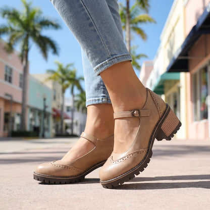 Comfortable Brogue Mary Jane Shoes with Block Heel and Buckle Strap